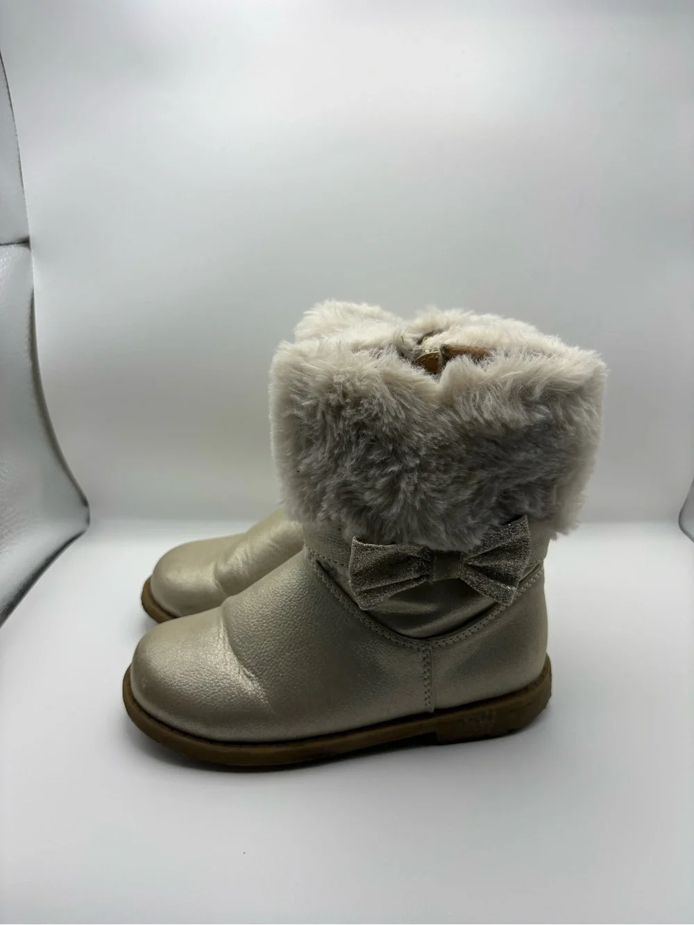 Rachel Shoes Metallic Gold Faux-Fur Cuff Kids Boots with Bow